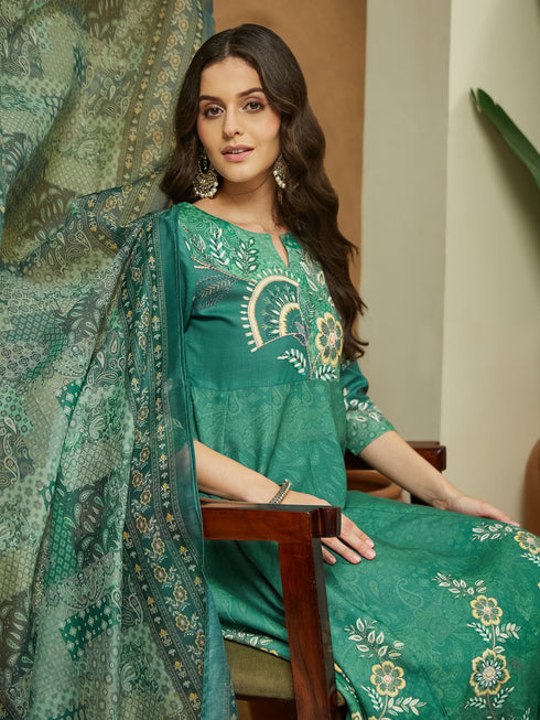 Janasya Women's Sage Green Cotton Blend Floral Printed Anarkali Kurta Set